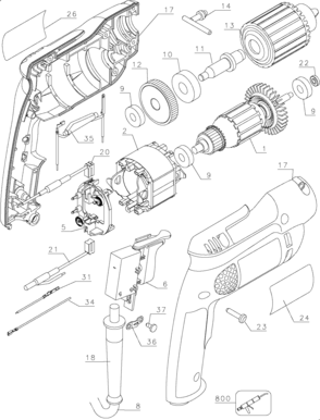Default Diagram and Parts List for D21002-B2 Type 1 Black and Decker Boring Machine